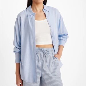 🆕 EXPRESS Linen-Blend Boyfriend Portofino Shirt, Women’s Size XL, Alpine Blue